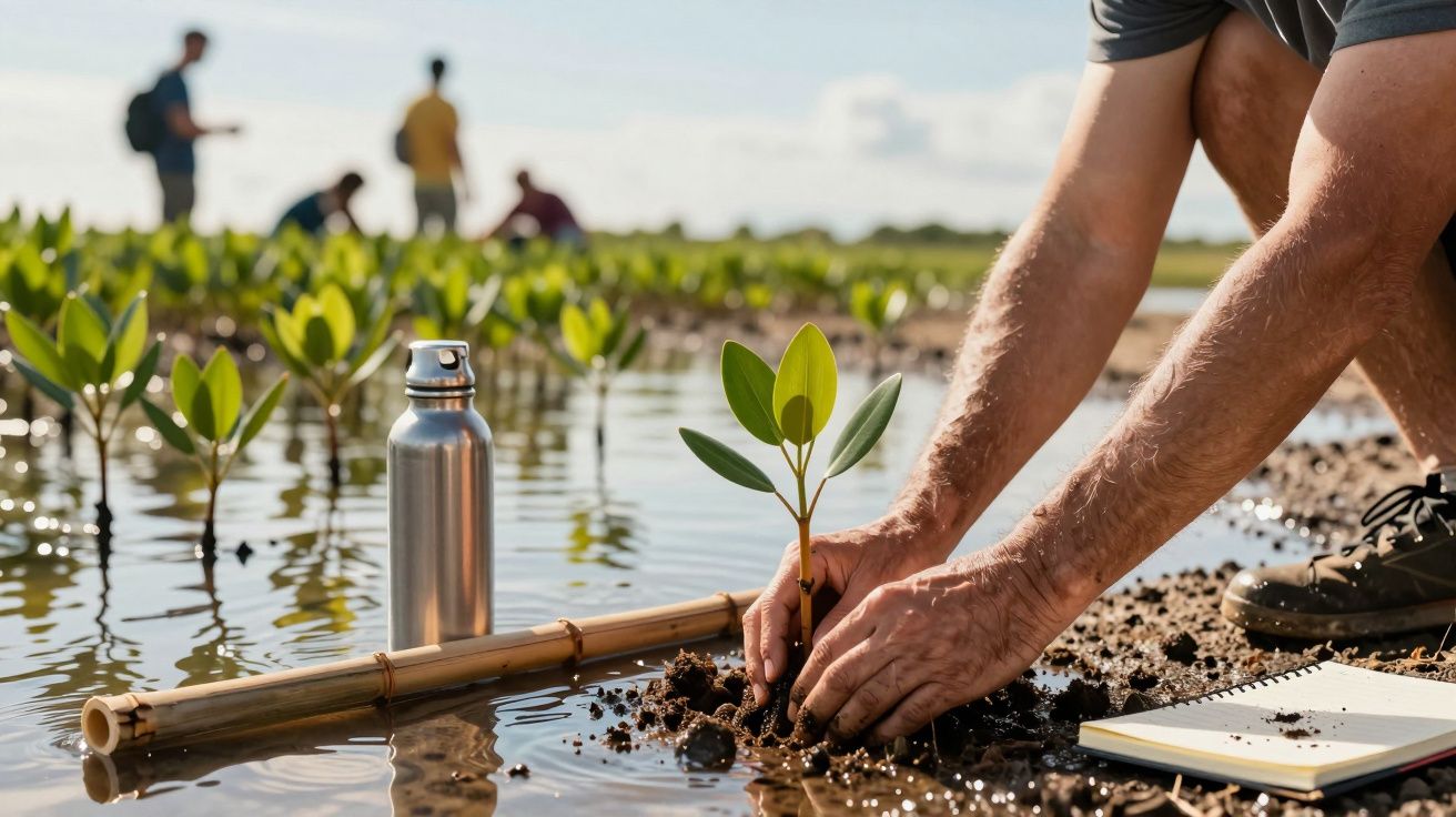 Person planting sapling near water, surrounded by seedlings, with a water bottle and notebook nearby.
