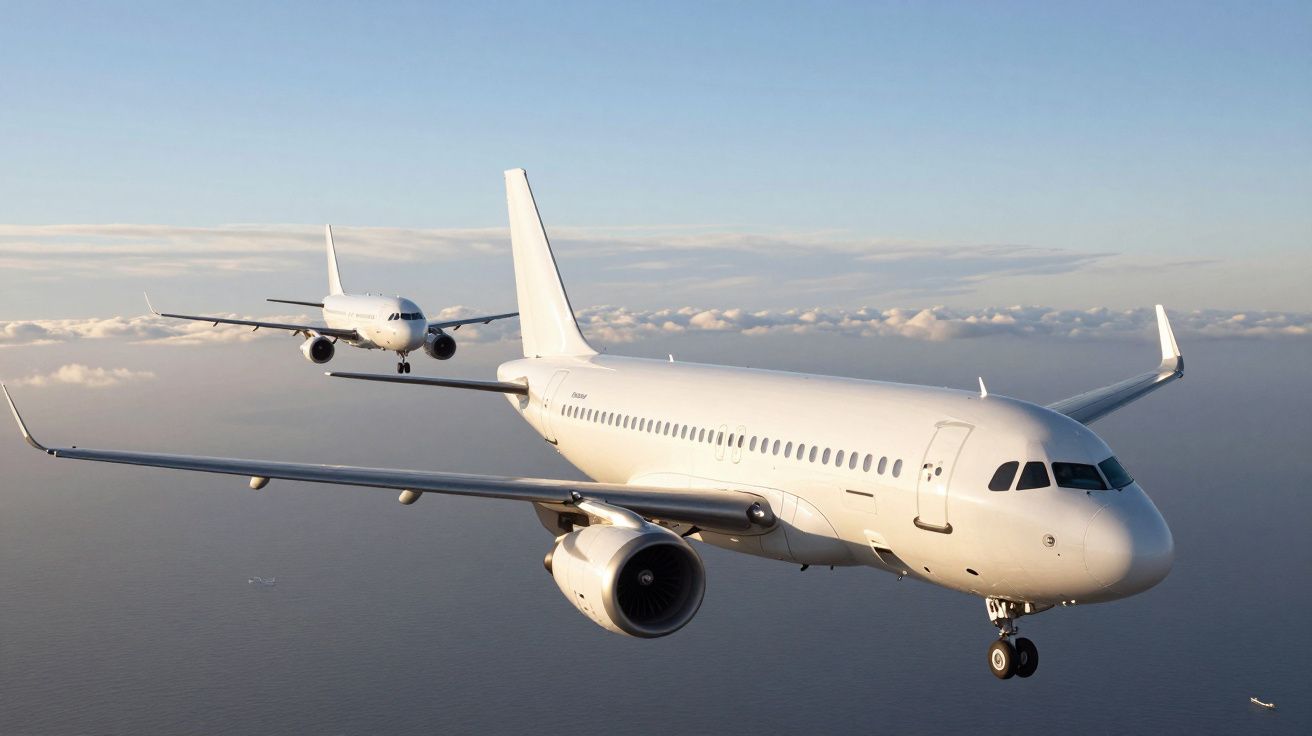 Two white passenger planes flying in formation over the sea with a clear horizon and clouds in the background.
