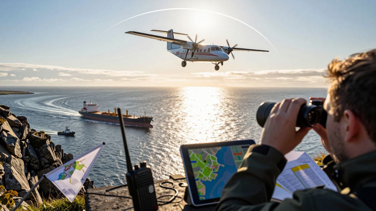 Man with binoculars observes flying aircraft and ships at sea, with a map and radio on the table, in late afternoon light.