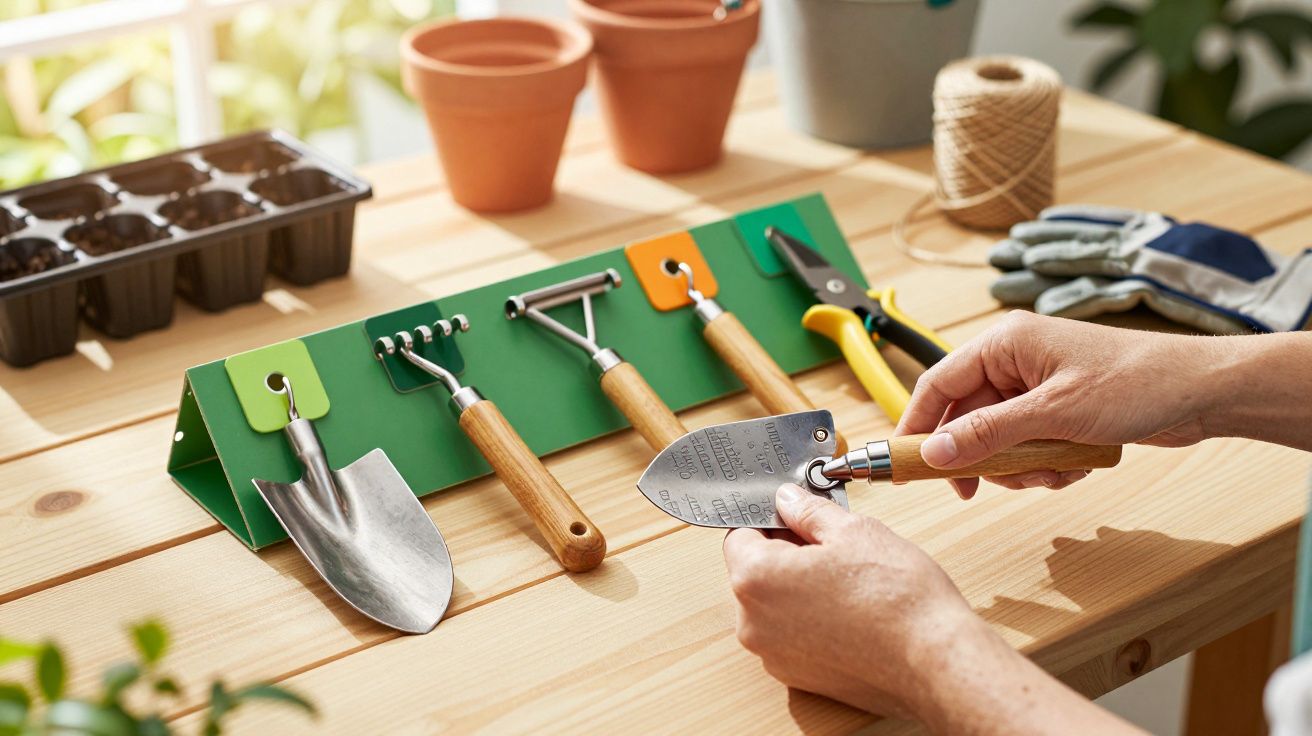 Person holding a trowel near a set of gardening tools on a wooden table with terracotta pots and twine in the background.