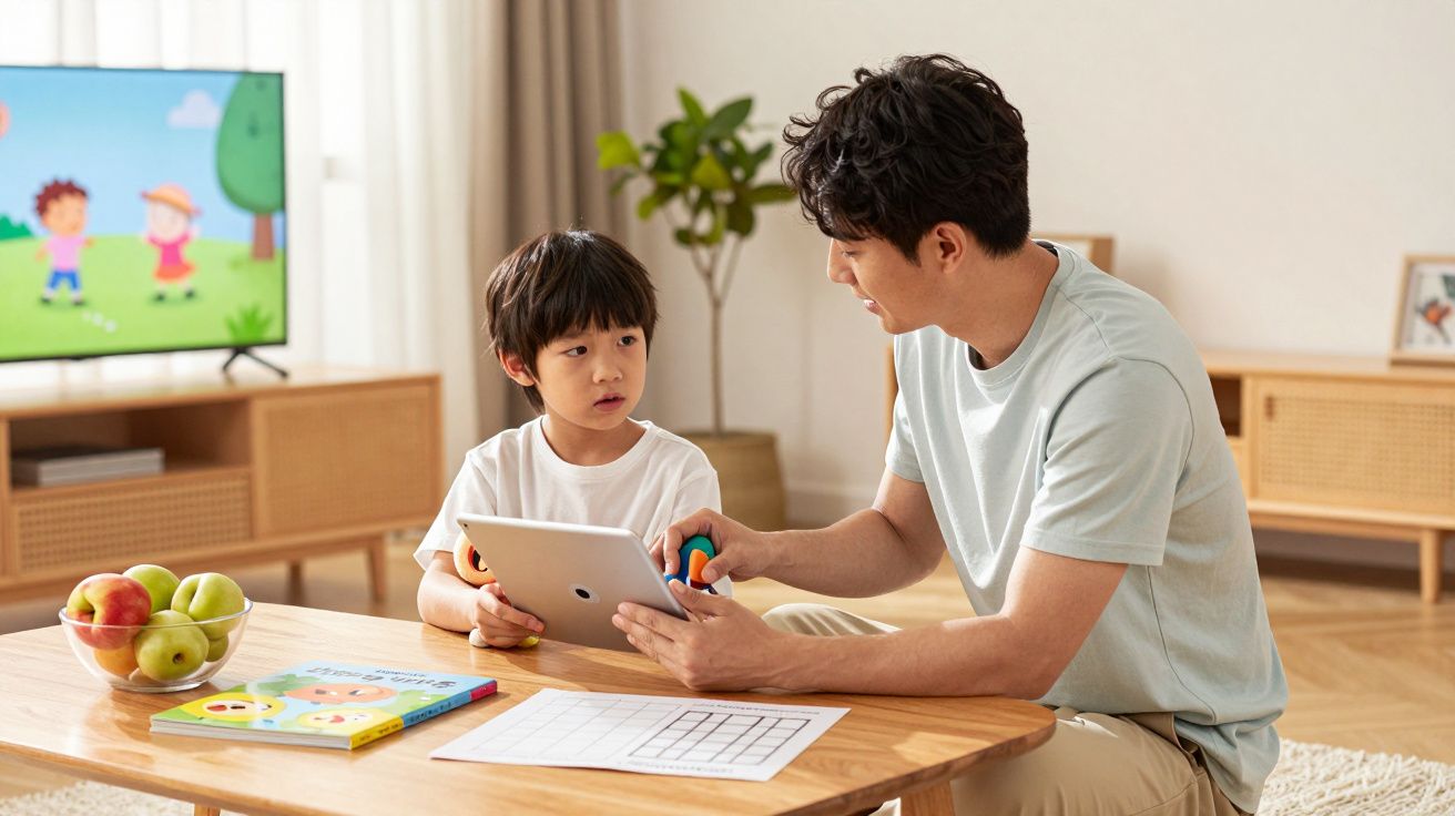 Father and son using a tablet at a table with fruit and books in a cosy living room with a television in the background.