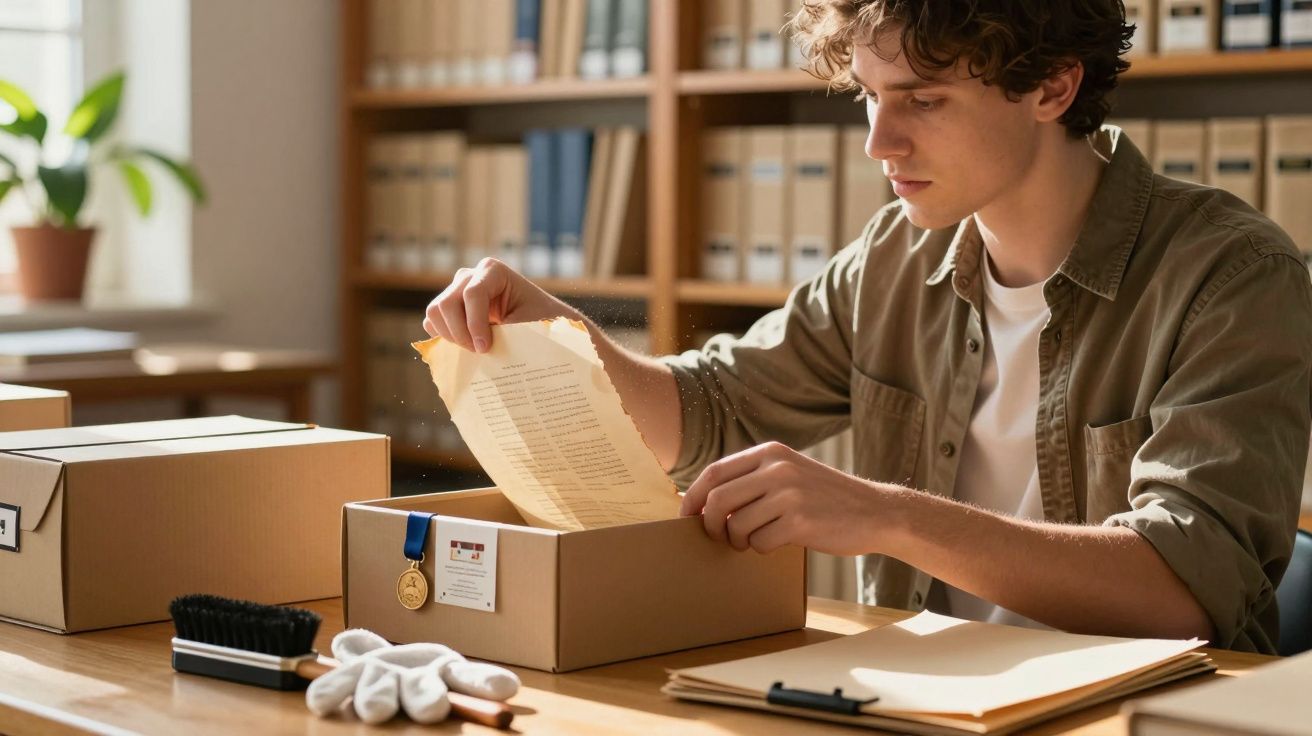 Man examining a document in a well-lit library archive, with a brush, gloves, and medal on the table.