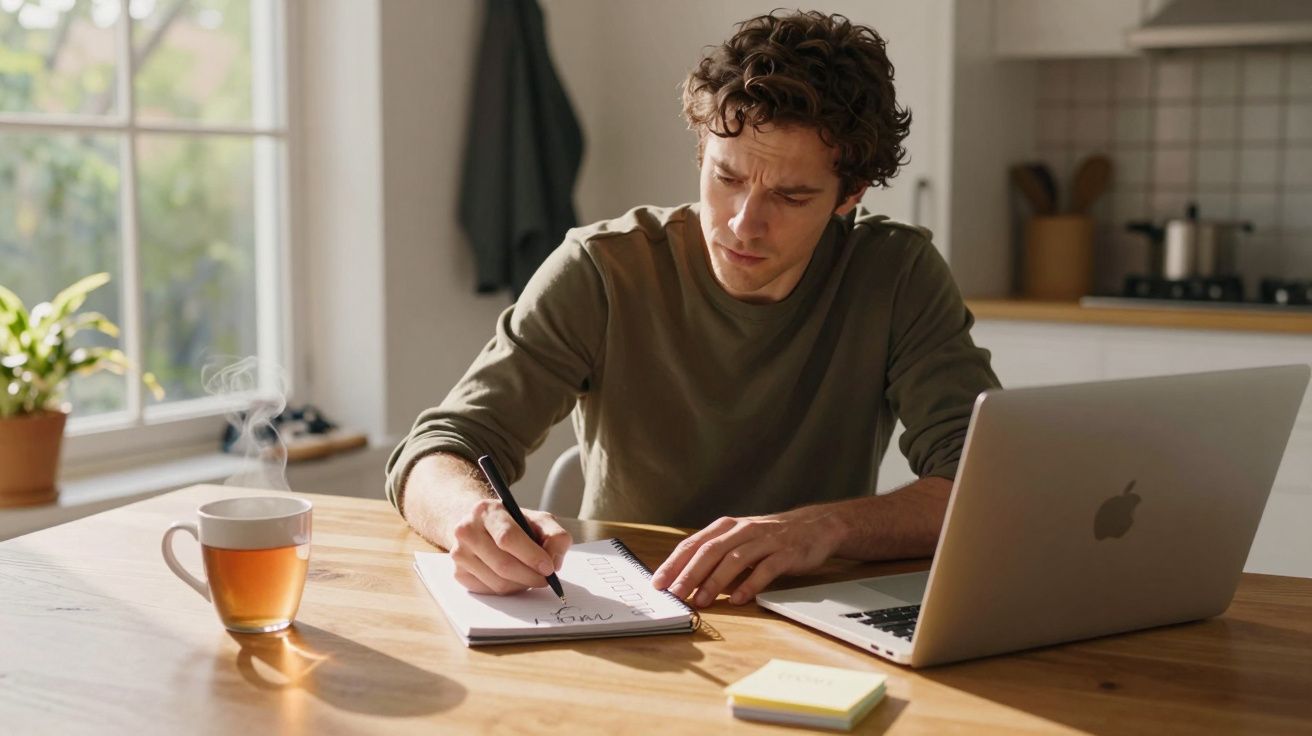 Man writing in a notebook at home, sitting at a wooden table with a laptop and a steaming cup of tea.