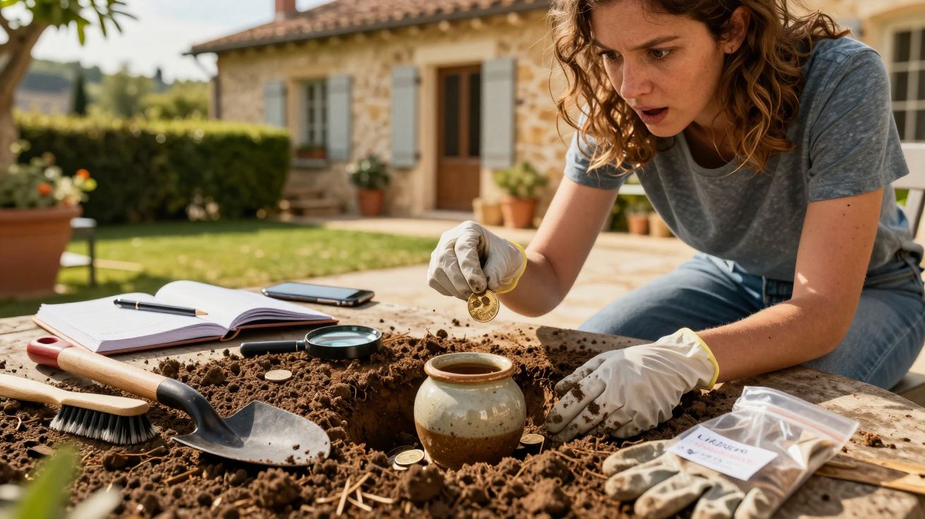 Woman examining coins and pottery in garden with tools and notebook nearby.