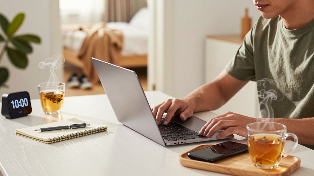 Person typing on a laptop at a desk with tea, phone, and notepad. Digital clock shows 10:00. Casual home setting.