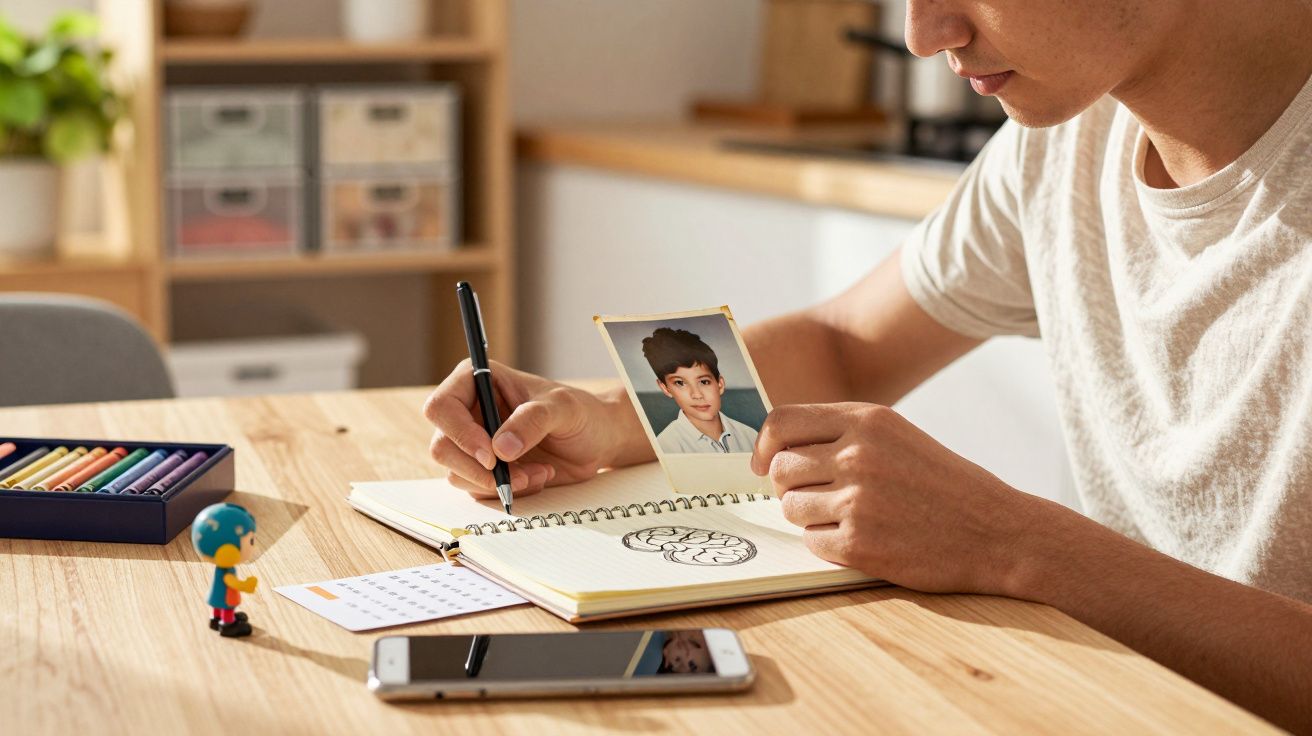 Person drawing a brain in a notebook while holding a photo, with a small figure, phone, and crayons on the table.