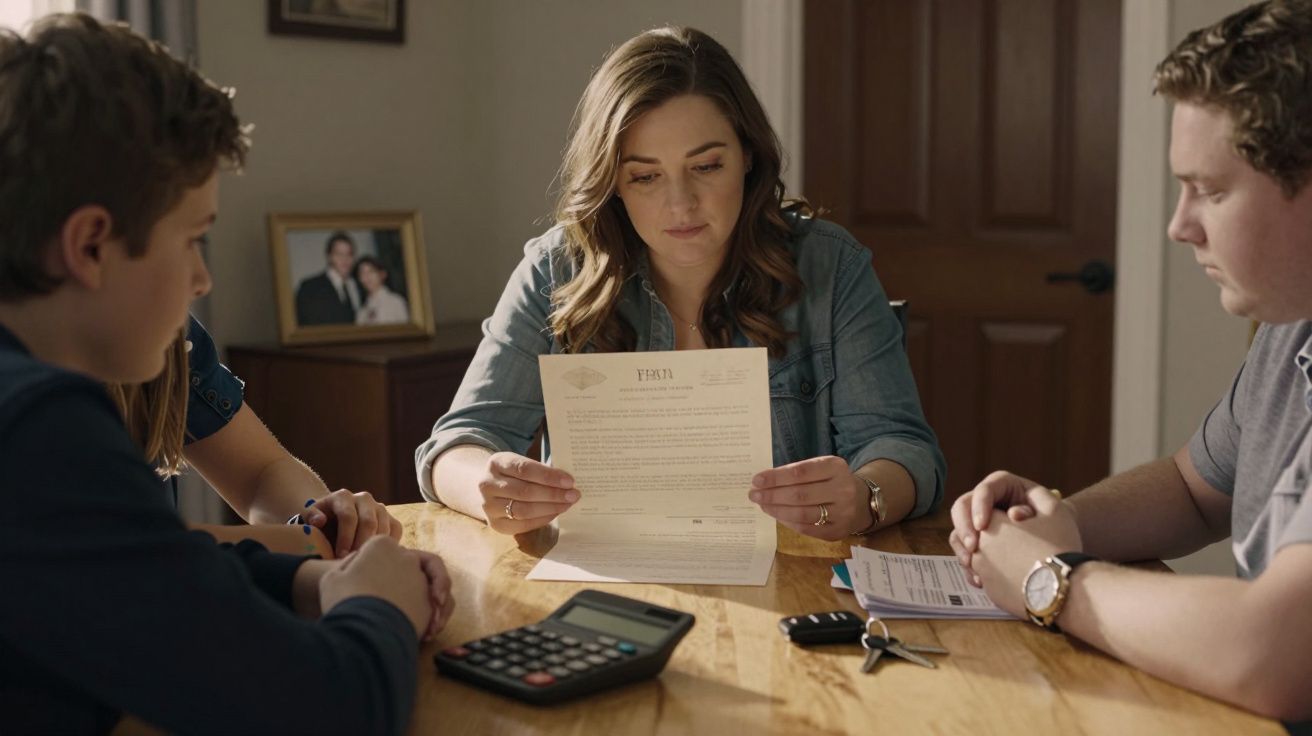 Woman reading document at a table with three people, calculator and keys visible. Family photo in the background.
