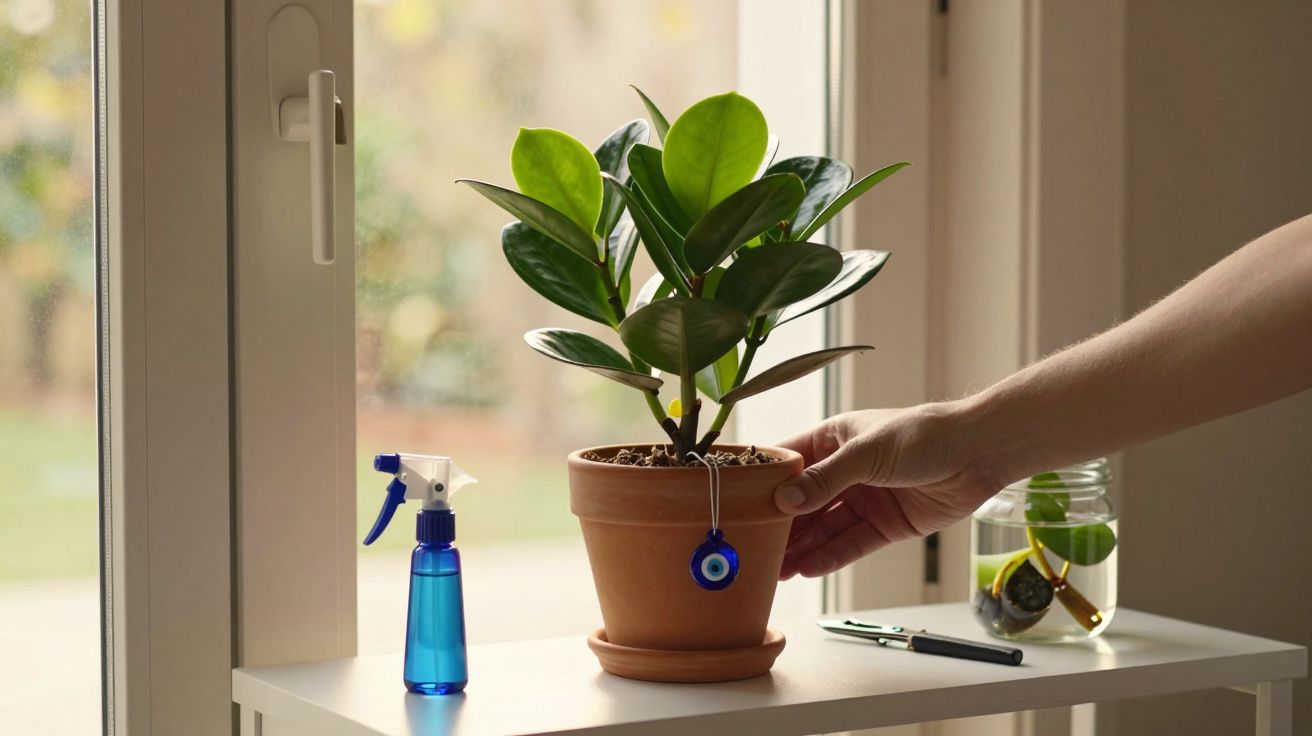 Indoor potted plant on windowsill with a hand, spray bottle, and glass jar nearby.