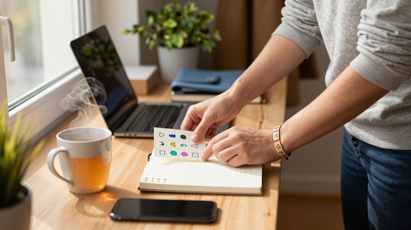 Person placing sticker in notebook on desk with laptop, tea, and phone.