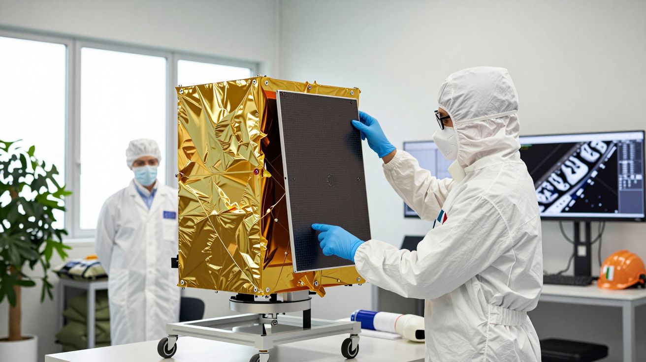 Two technicians in clean suits work on a gold-wrapped satellite component in a laboratory with computers.