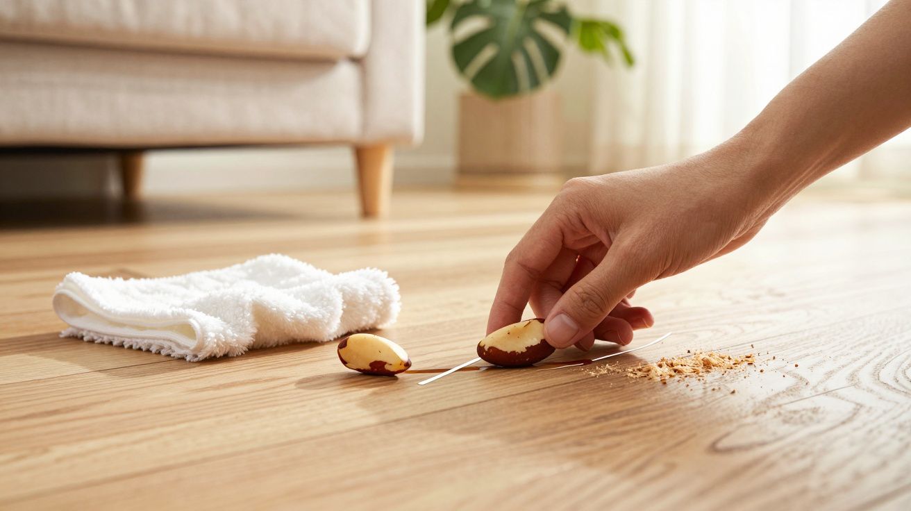 Hand picking up food bits from wooden floor near white cloth.