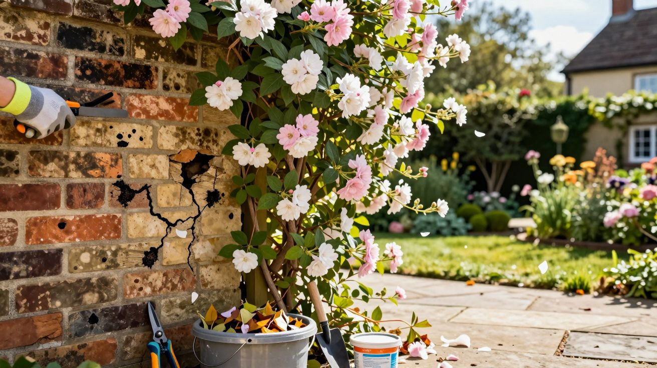 Brick wall with pink flowers, garden tools, and repair materials nearby. Sunny garden with blooming flowers in the background