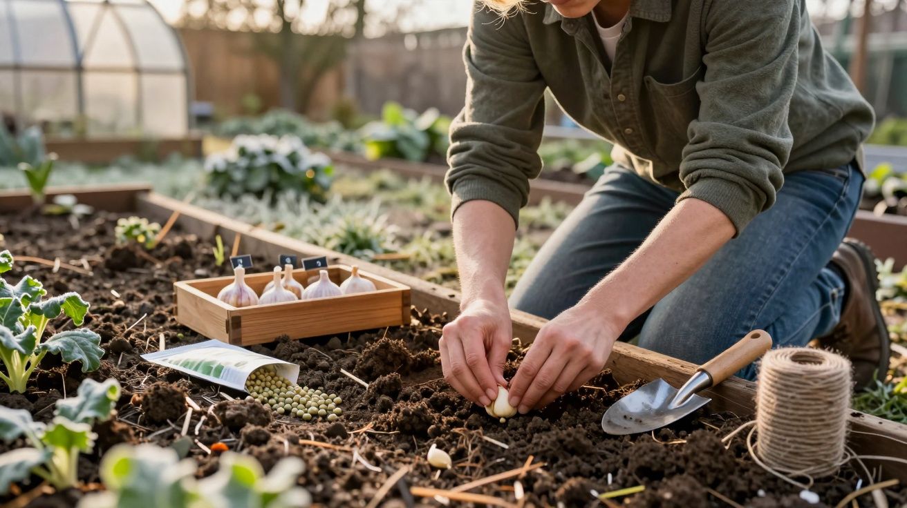 Person planting seeds in a garden bed, surrounded by tools, seed packets, and growing vegetables.