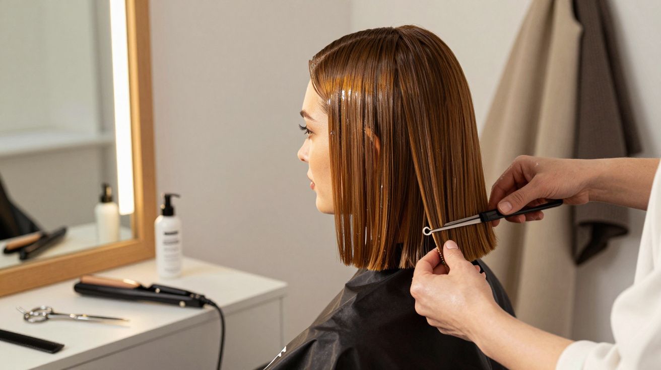 Hairdresser straightening a woman's bob haircut with a flat iron in a salon.