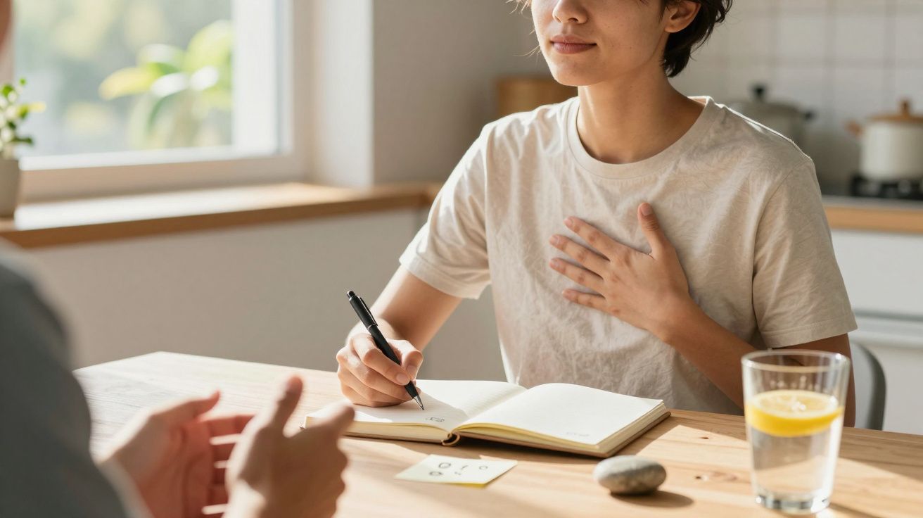 Person writing in a notebook while talking, with a lemon water glass and a stone on the table, in a bright room.