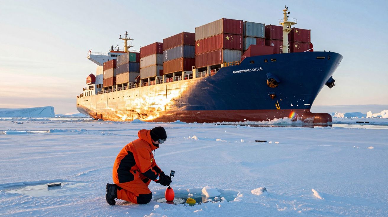 Researcher in orange suit collects samples on ice with a large cargo ship in the background under a bright sky.