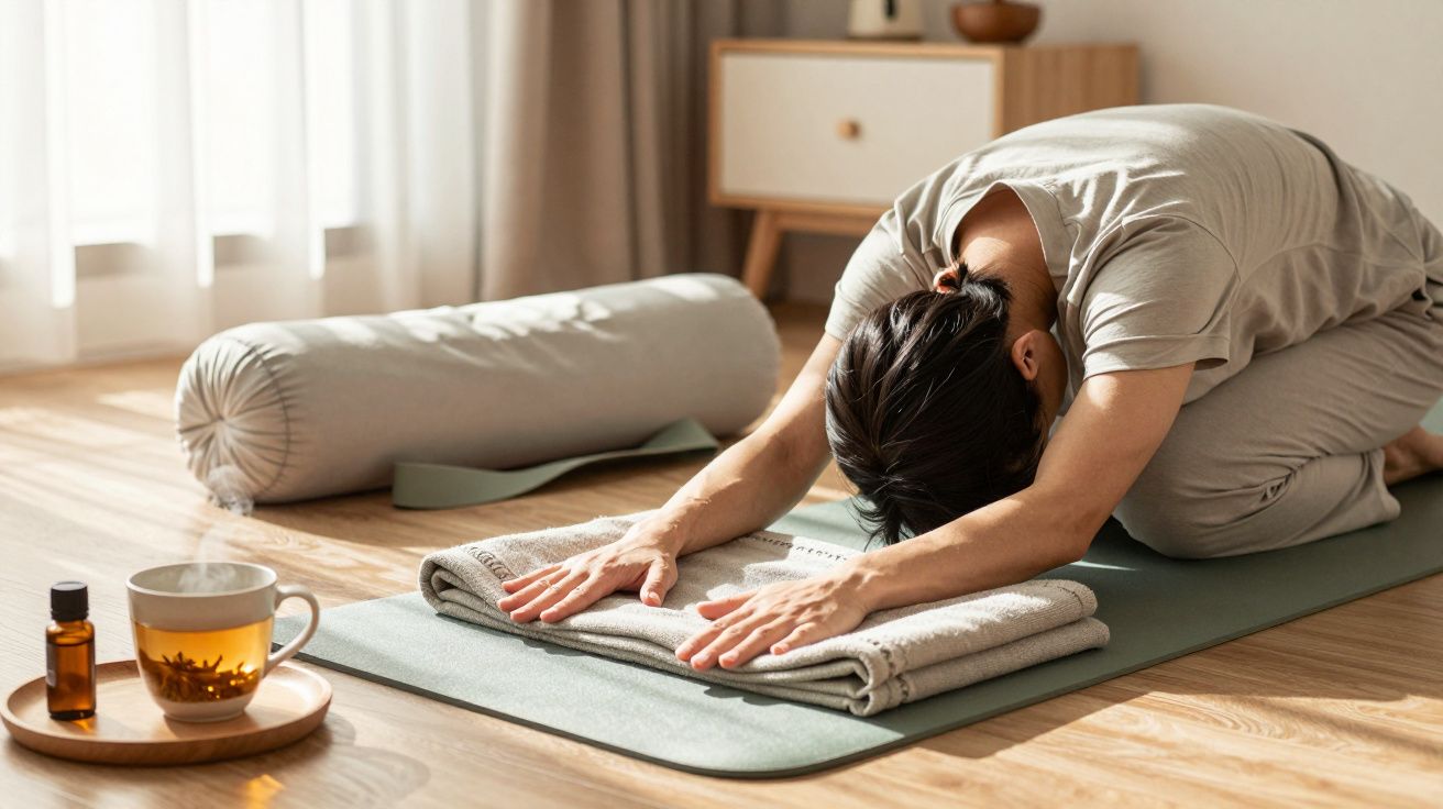 Person practising yoga on a mat in a child’s pose with a folded towel, next to a cup of tea and essential oils.