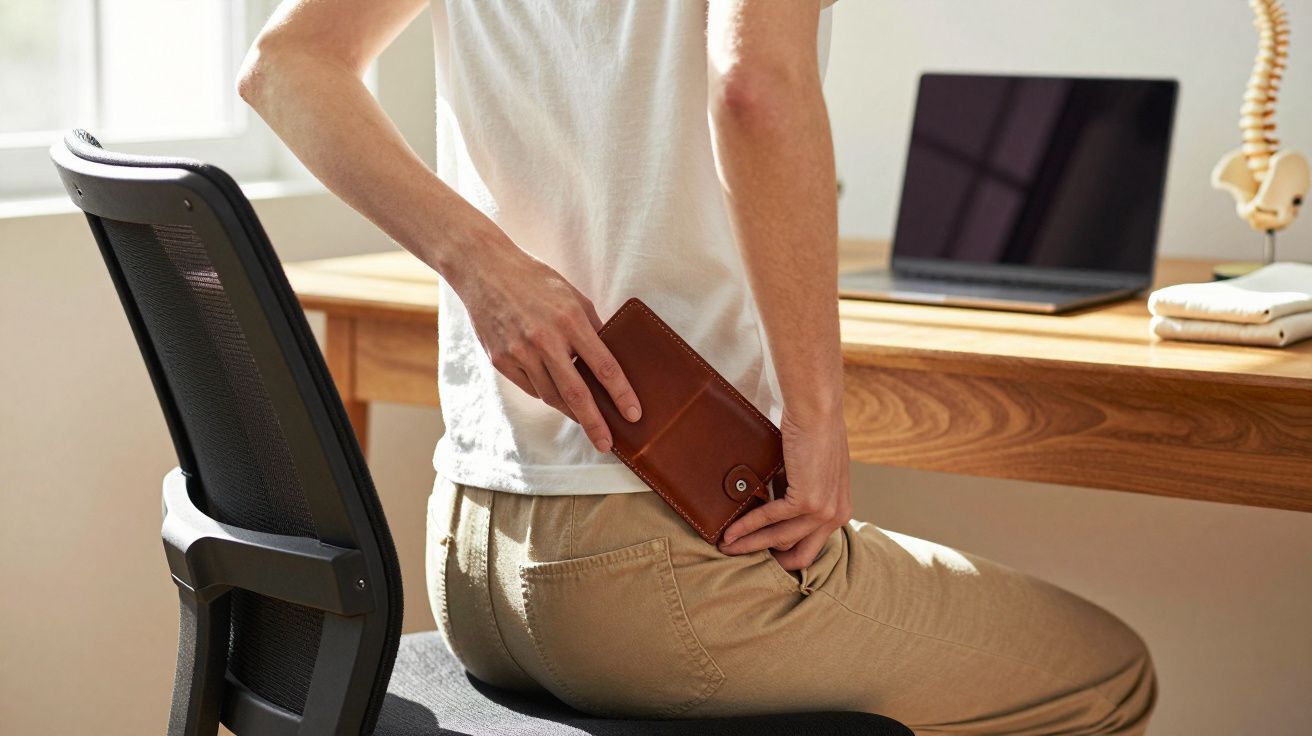 Person placing a brown leather wallet into back pocket while sitting on an office chair at a wooden desk with a laptop.
