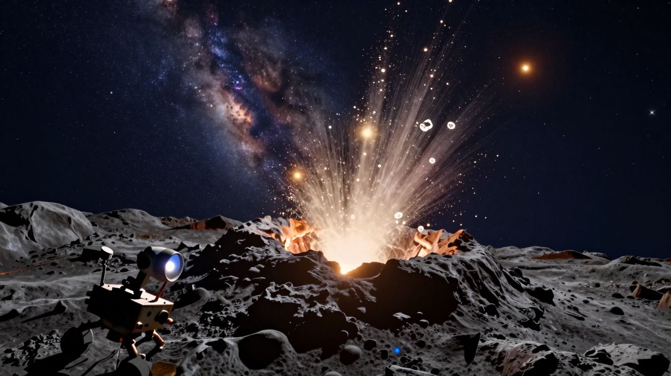 Robotic rover on lunar surface observing a dramatic explosion with the Milky Way visible in the starry sky.