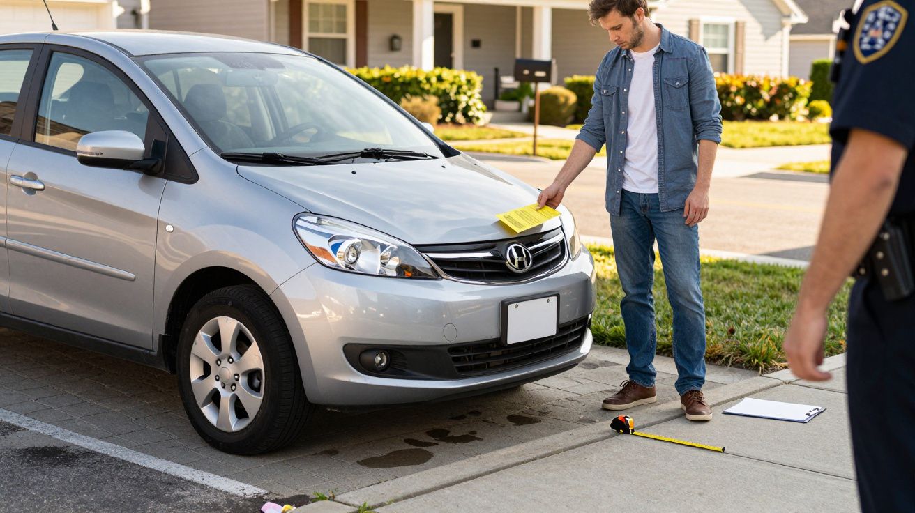 Man receiving parking ticket on silver car, with police officer nearby, on residential street. Clipboard and measuring tape p