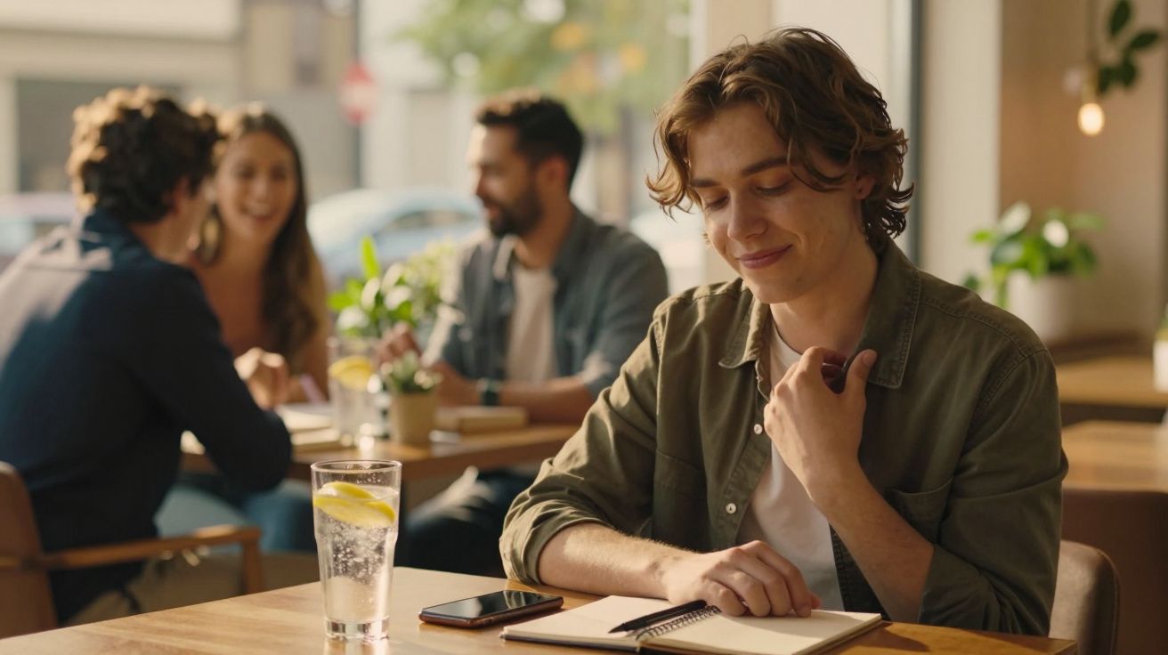 Person jotting notes in a cafe with a drink beside them, while others chat in the background.