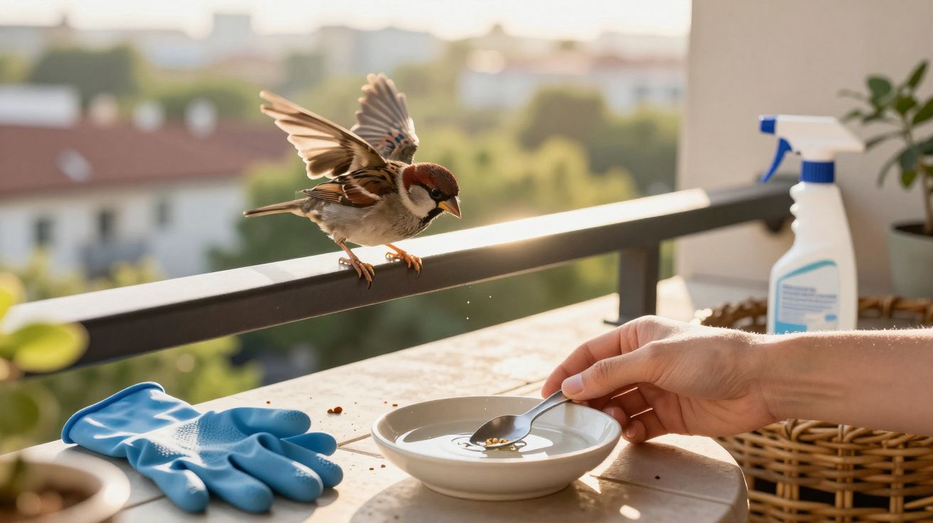 Sparrow landing near a dish with a spoon on a sunlit balcony, surrounded by plants and a pair of blue gloves.