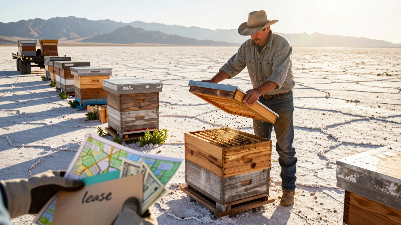 Beekeeper in a salt flat landscape checks a hive while another person holds a map and lease documents nearby.