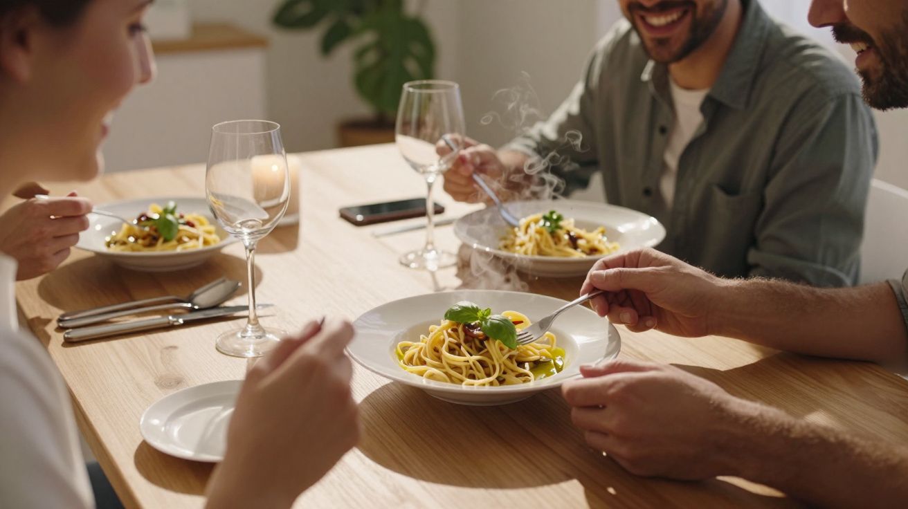 Four people enjoying pasta at a wooden dining table, with wine glasses and a smartphone nearby.
