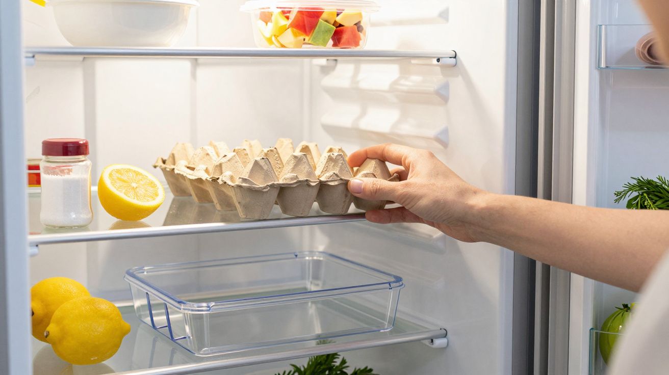 Person placing a carton of eggs inside an open fridge with lemons, some jars, and a box of cut fruit.