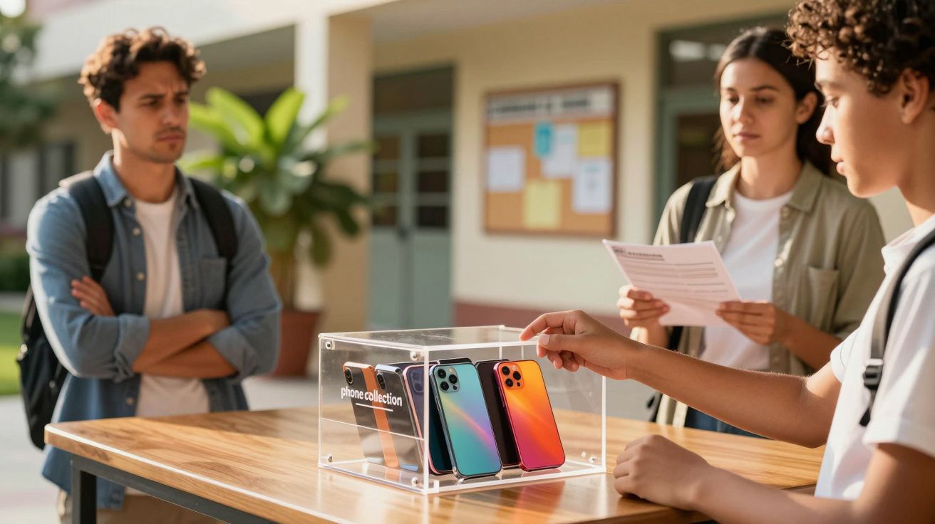 Students collecting phones in a transparent box at a school desk, with papers and backpacks visible in the background.