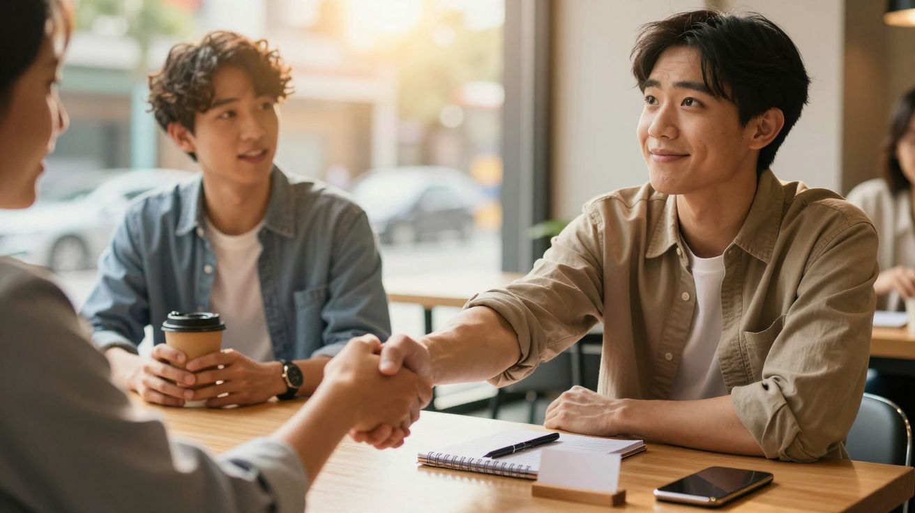 Three people at a table, two smiling men, one shaking hands with a person, with a notepad and phone beside them.