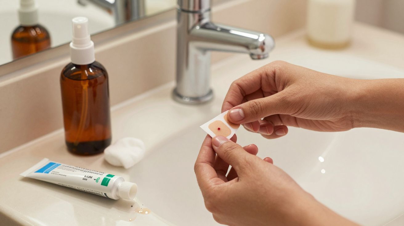 Person applying a bandage in a bathroom, with a sink, brown spray bottle, and tube of cream nearby.