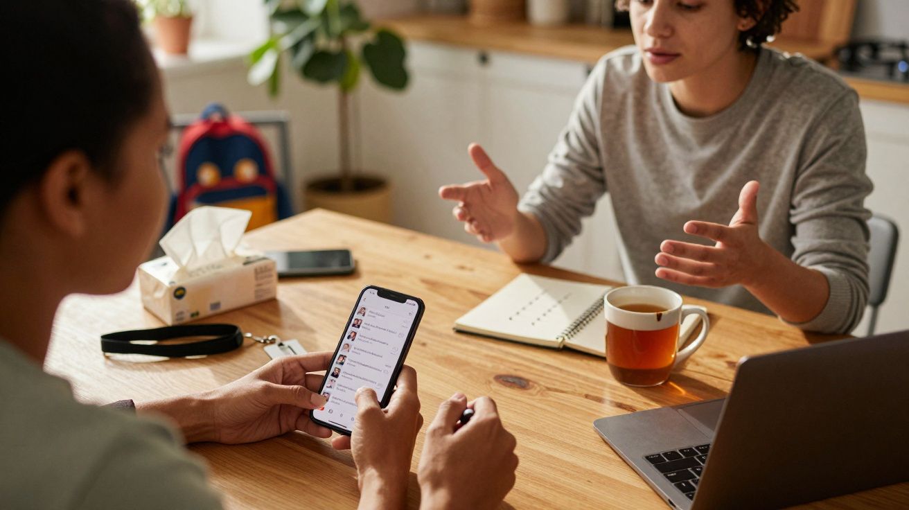 Two individuals at a wooden table, one holding a phone, the other gesturing, with a laptop, notebook, and coffee mug.