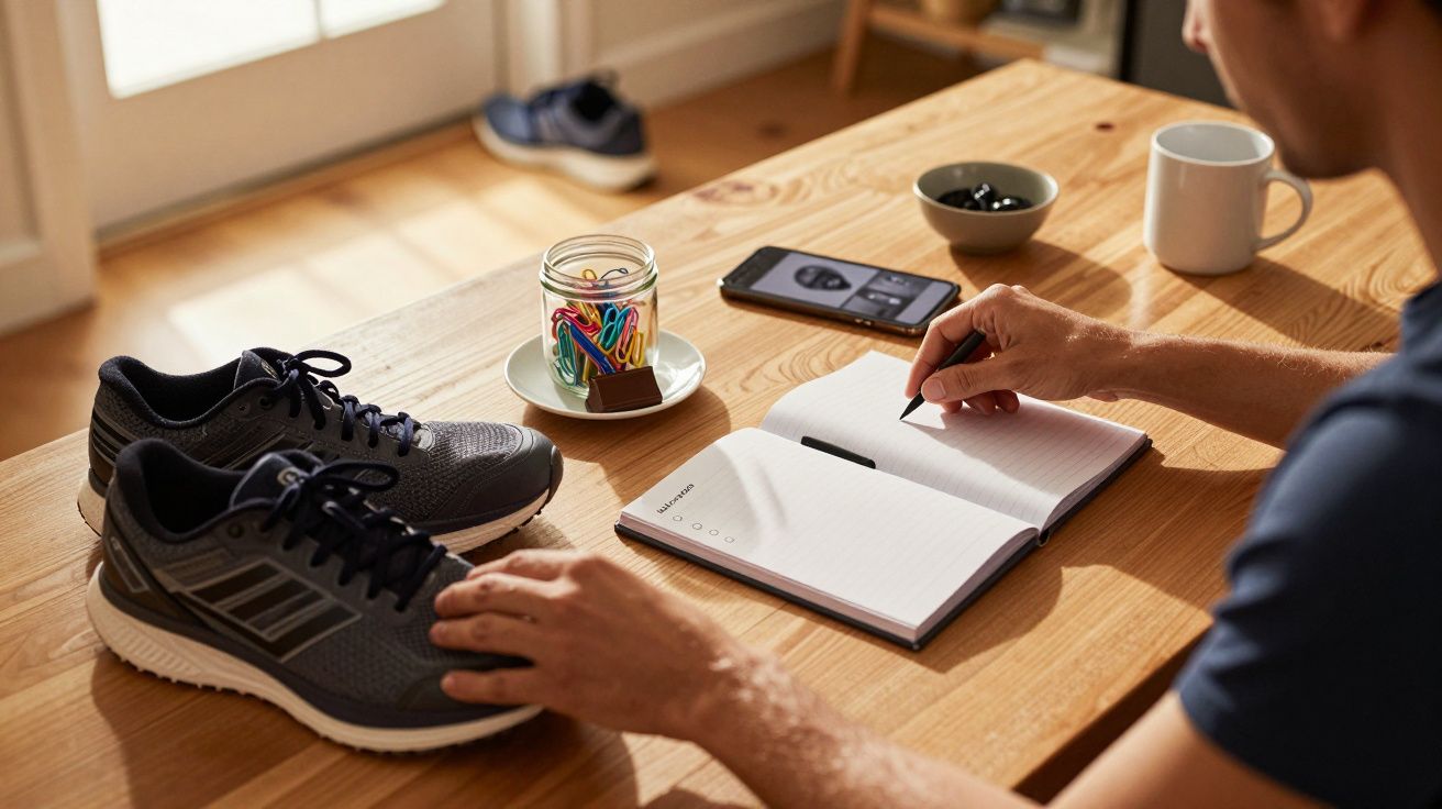 Person writing in notebook at table with trainers, smartphone, coffee, and paperclips in a jar.