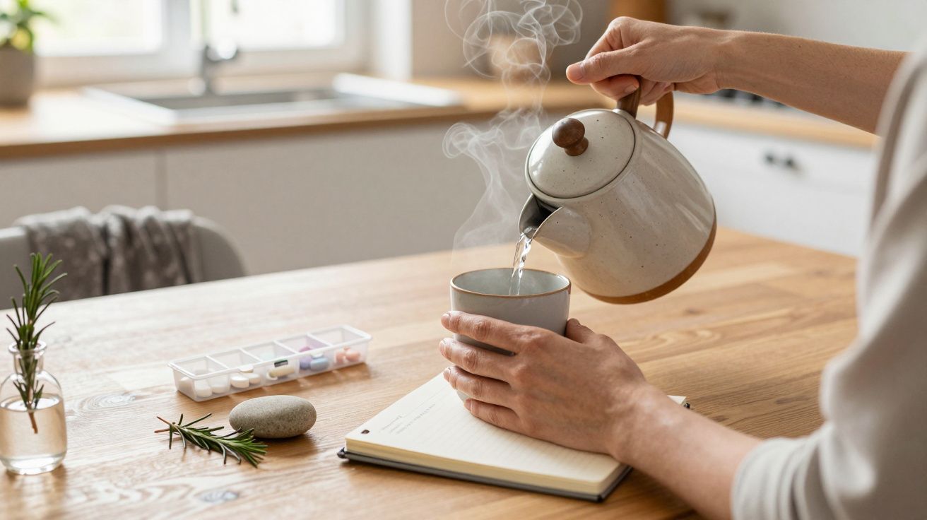 Person pouring hot water from a kettle into a mug on a wooden kitchen table, with a notebook and a pill organiser nearby.