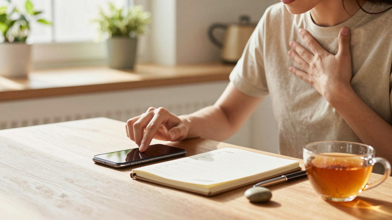 Person using a smartphone at a table with a notebook and cup of tea, touching chest with one hand.