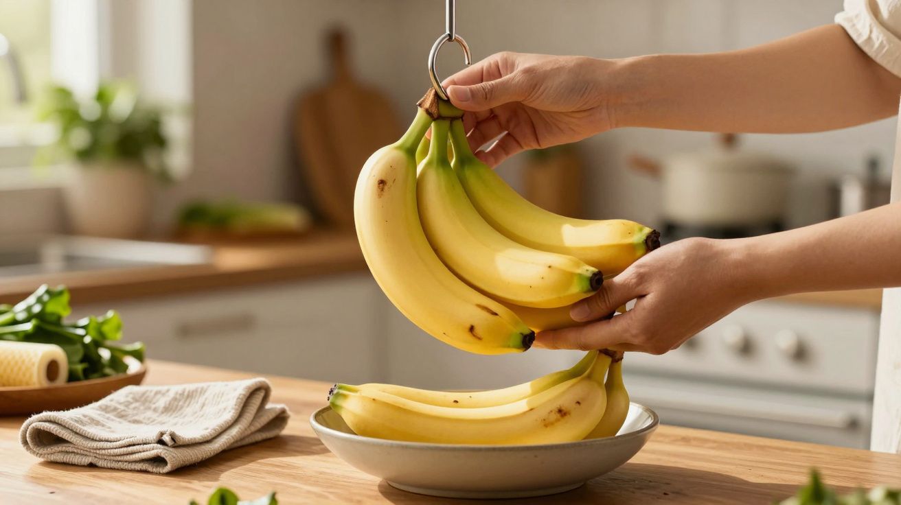 Person placing a bunch of ripe bananas on a plate in a bright kitchen.