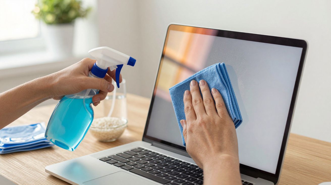 Hands cleaning a laptop screen with blue spray bottle and cloth.