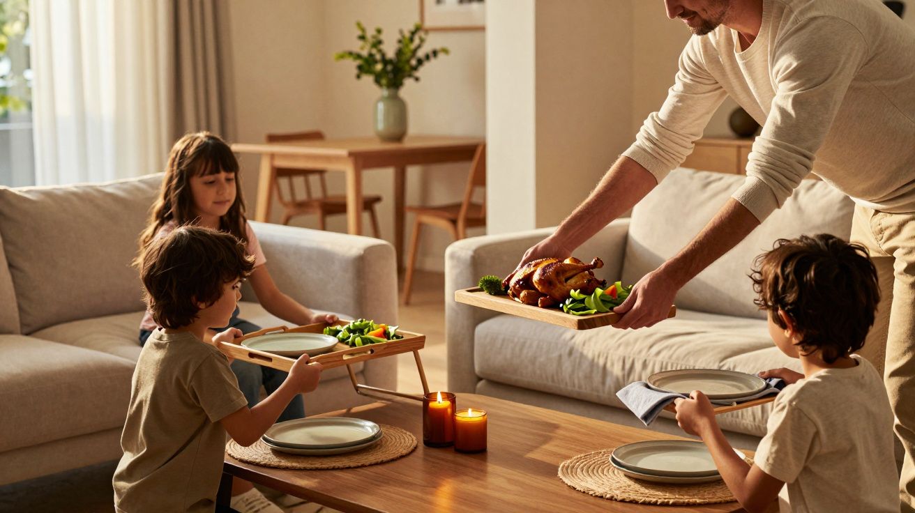 Family gathers around a table as a man serves roast chicken, with children holding plates, in a cosy living room setting.