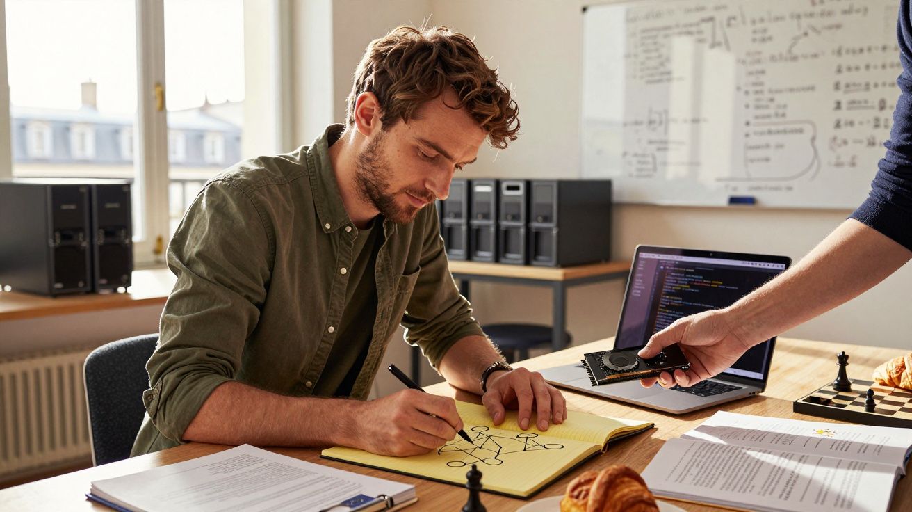 Man writing on notepad at desk with laptop and documents, while another hand offers a smartphone, daylight from window.