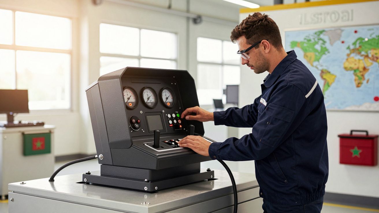 Man operating industrial control panel in a workshop, with a world map on the wall in the background.