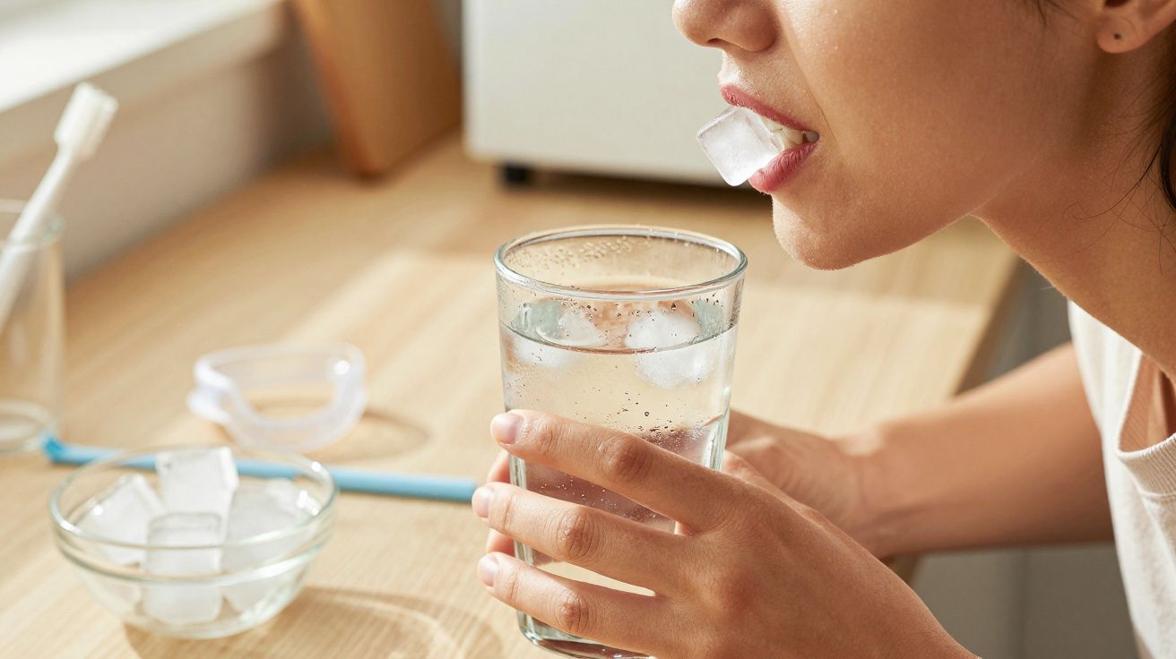Person holding a glass of ice water, placing an ice cube in their mouth, with a bowl of ice and toothbrush on the table.
