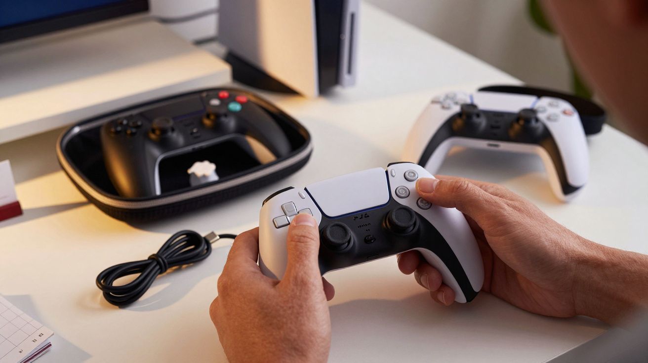 Hands holding a gaming controller on a desk with another controller, console, and charging station visible.