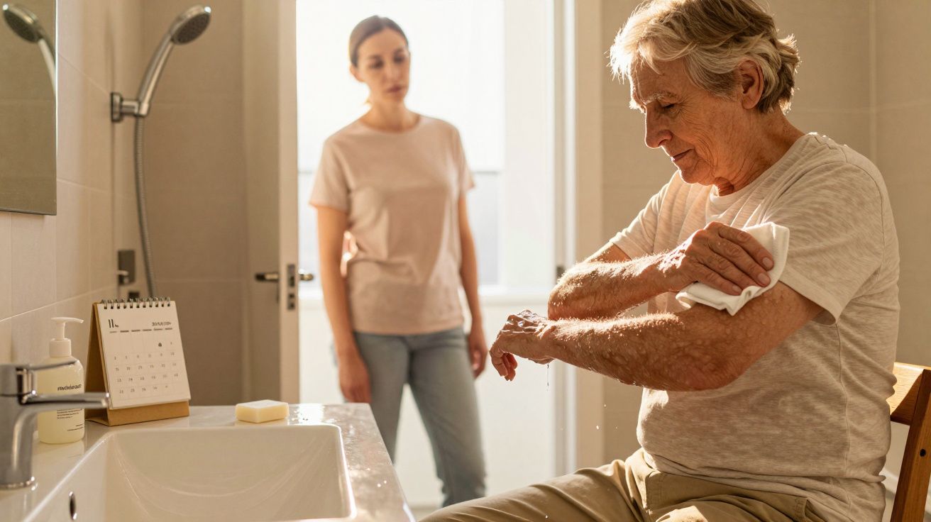 Elderly man drying arm with a towel in a bathroom, while a woman stands nearby observing.
