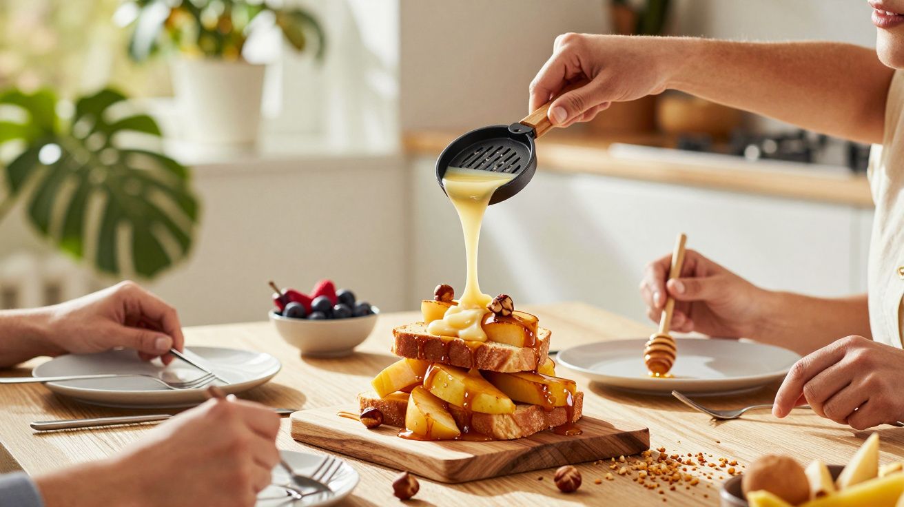 Melting cheese poured over bread and potatoes, surrounded by people with cutlery at a wooden dining table.