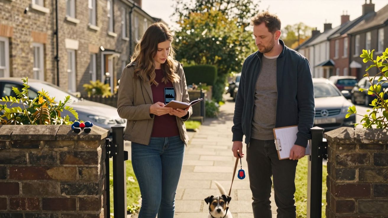 Two people stand on a pavement, discussing with a tablet and clipboard, while a small dog on a lead is between them.