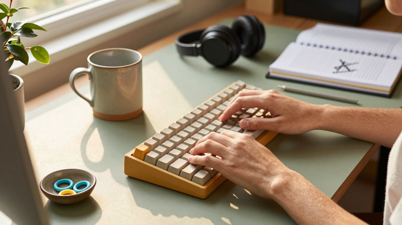 Person typing on a mechanical keyboard at a desk with a mug, notebook, and headphones nearby.