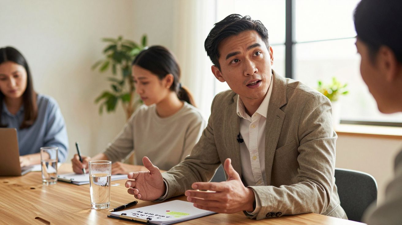 Man in a meeting, gesturing while speaking, with two colleagues working in the background at a table with notebooks.