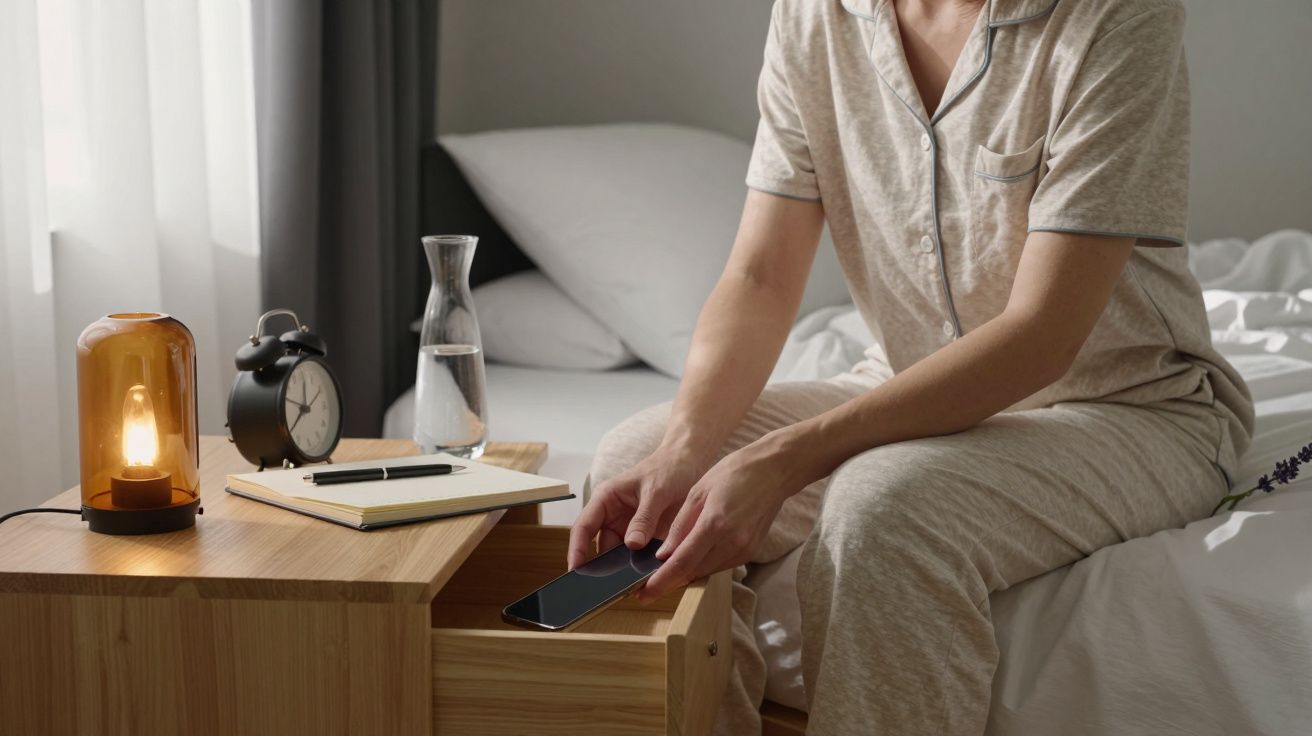 Person in pyjamas sits on a bed, placing a phone in a bedside table drawer, beside a lamp, clock, and notebook.