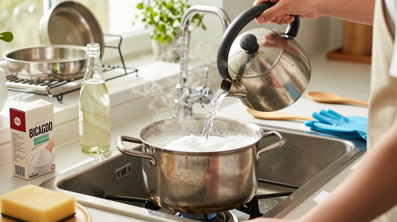 Person pouring water from kettle into a pot on stove, with cleaning supplies visible in a kitchen setting.